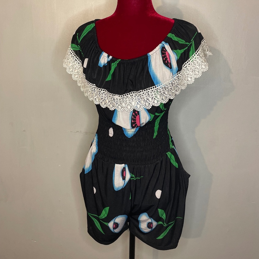 Black Green Floral Women’s Romper One Size